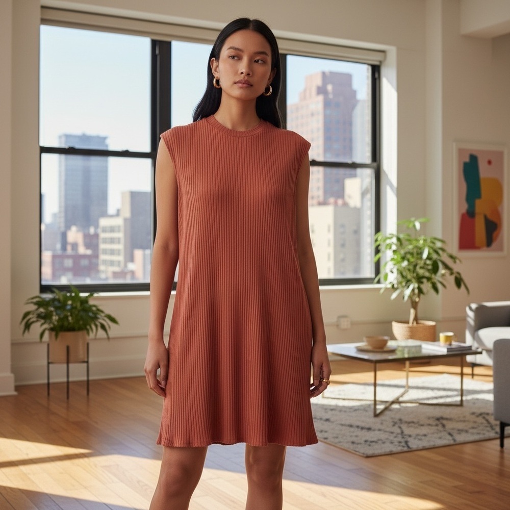 EILEEN FISHER Women's Terracotta Ribbed Crewneck Hi-Low Shift Mini Dress Medium